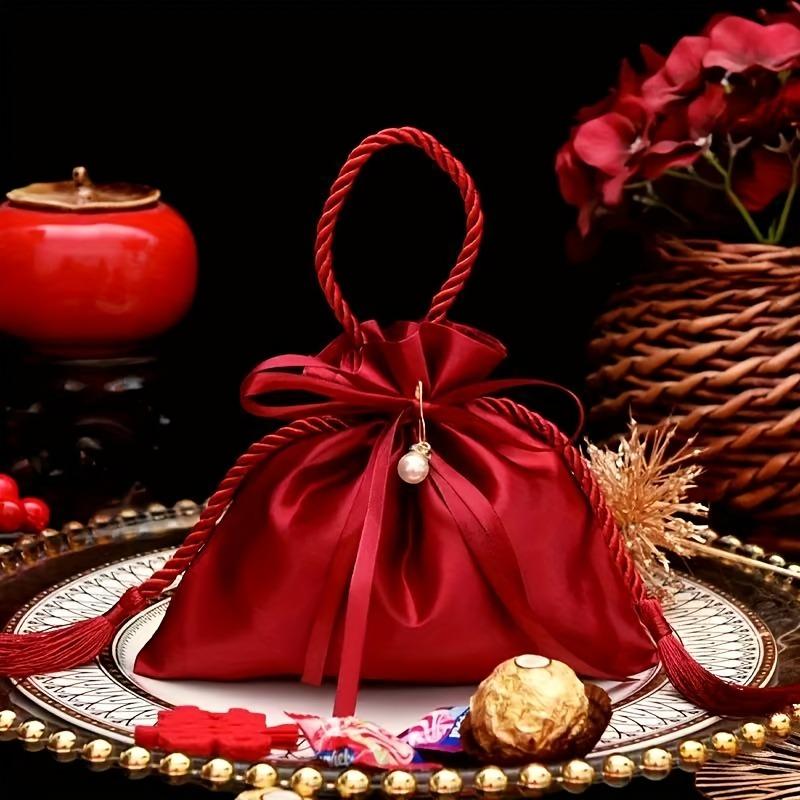 10pcs Red Drawstring Bags for Candies Featuring Pearls and Tassels for Wedding Birthdays Holiday Parties Banquets Gift Packaging