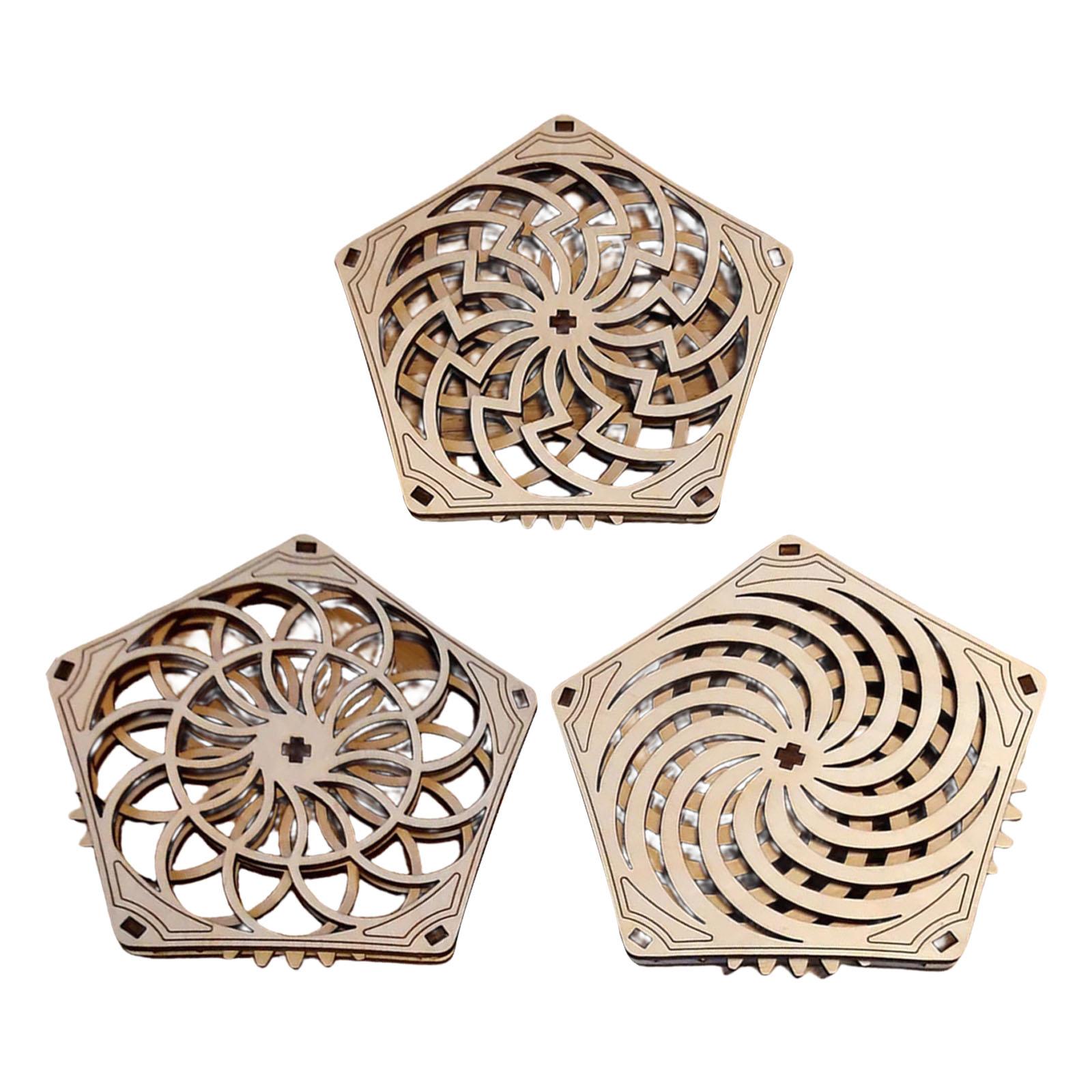 

Pack of 3 Rotating Coaster Wood Placemat Hollow Wooden Dining Table Insulation Pad for Home Office Decoration