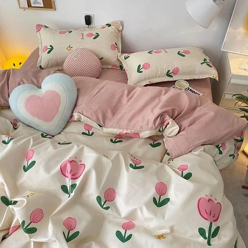 

Korean Style Bedding Set Boys Girls Twin Queen Size Duvet Cover Flat Sheet Pillowcase Bed Linens Kids Adult Fashion Home Textile Flat Bed Sheet&Twin 3pcs for 1m bed