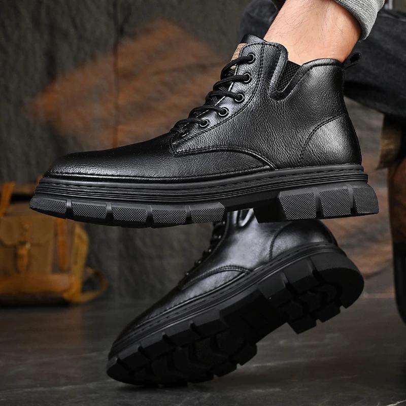 Fashion Hot Sale Men's Lace-Up Motorcycle Boots Leather Fashion Walking Shoes New Men Brand Mens Sneakers Male Comfortable Ankle Boots
