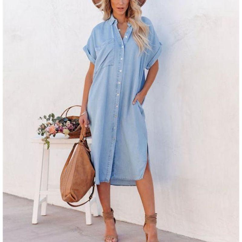 European Loose Split Denim Short Sleeve Dress