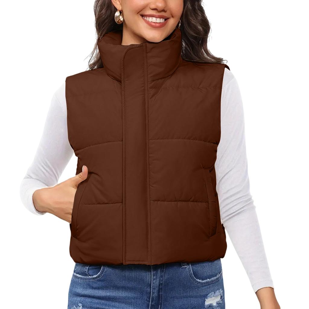Women's Solid Color Fashionable Pocket Stand Up Collar Vest Jacket