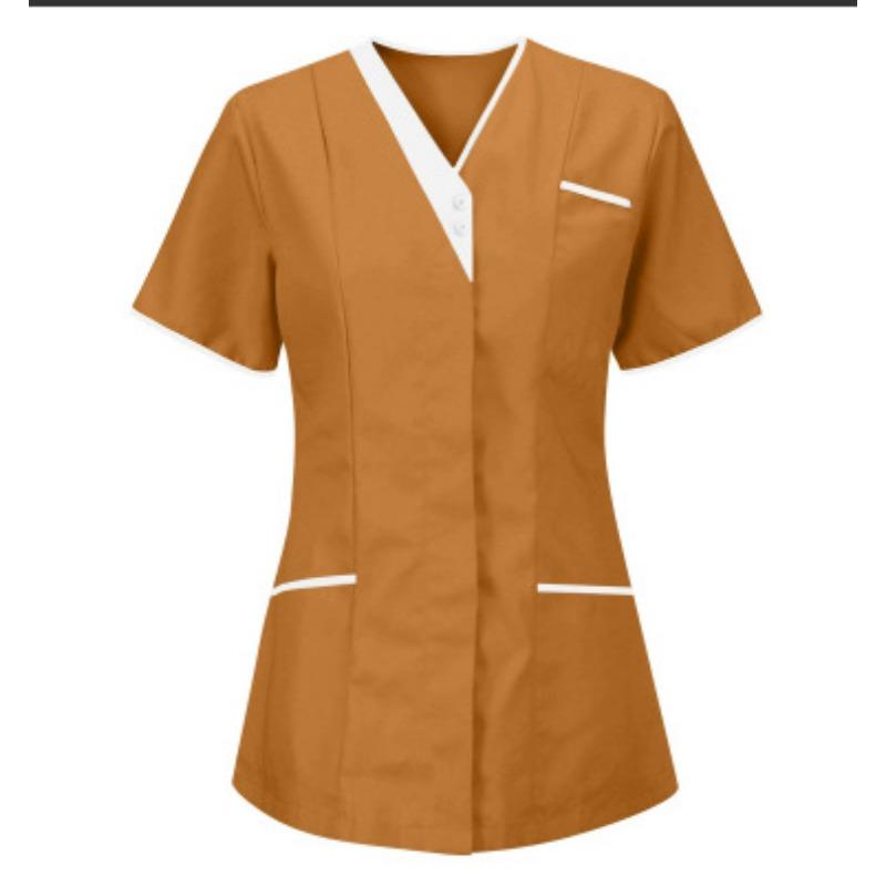Women Solid Color Short-Sleeve V-neck Top Nurse Work Uniform Pocket Top