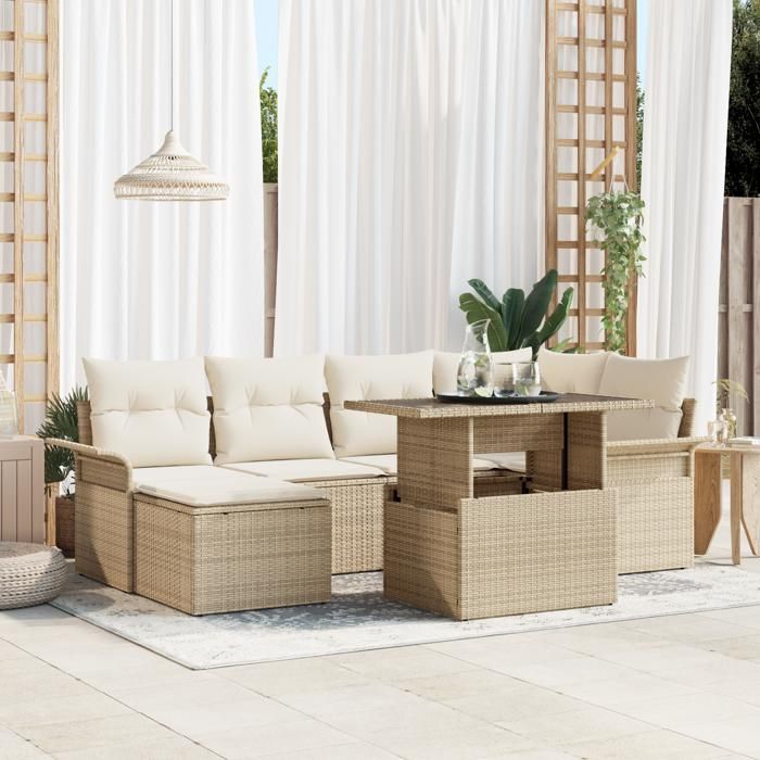 VidaXL Ensemble de canapé de jardin 7 pièces avec coussins beige poly rotin 3348317