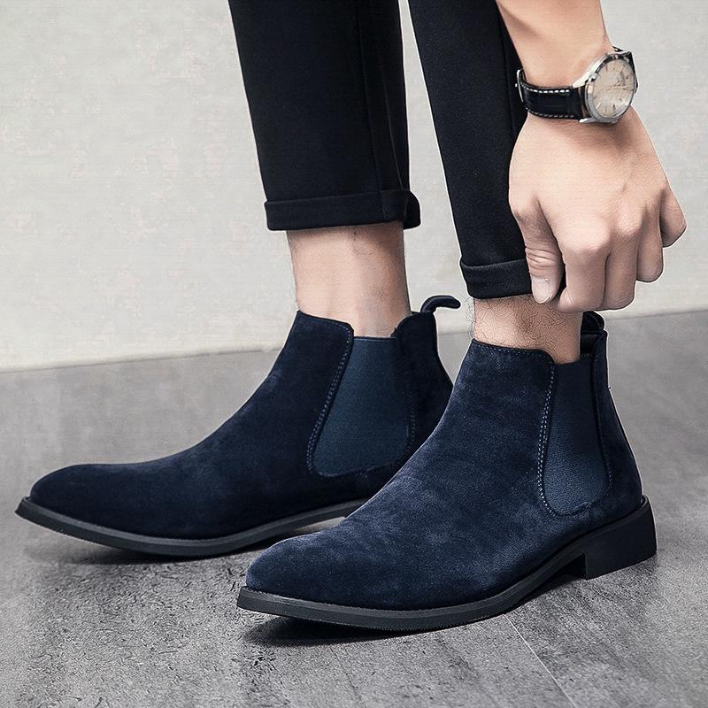 Men's Plus Size High-Top Suede Chelsea Boots, Pointed Toe, Short, for Autumn/Winter.