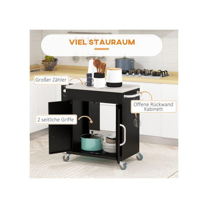 HOMCOM Chariot de cuisine sur roulettes Chariot avec placard et crochets Poignée en acier inoxydable Noir 86x50x86,5 cm