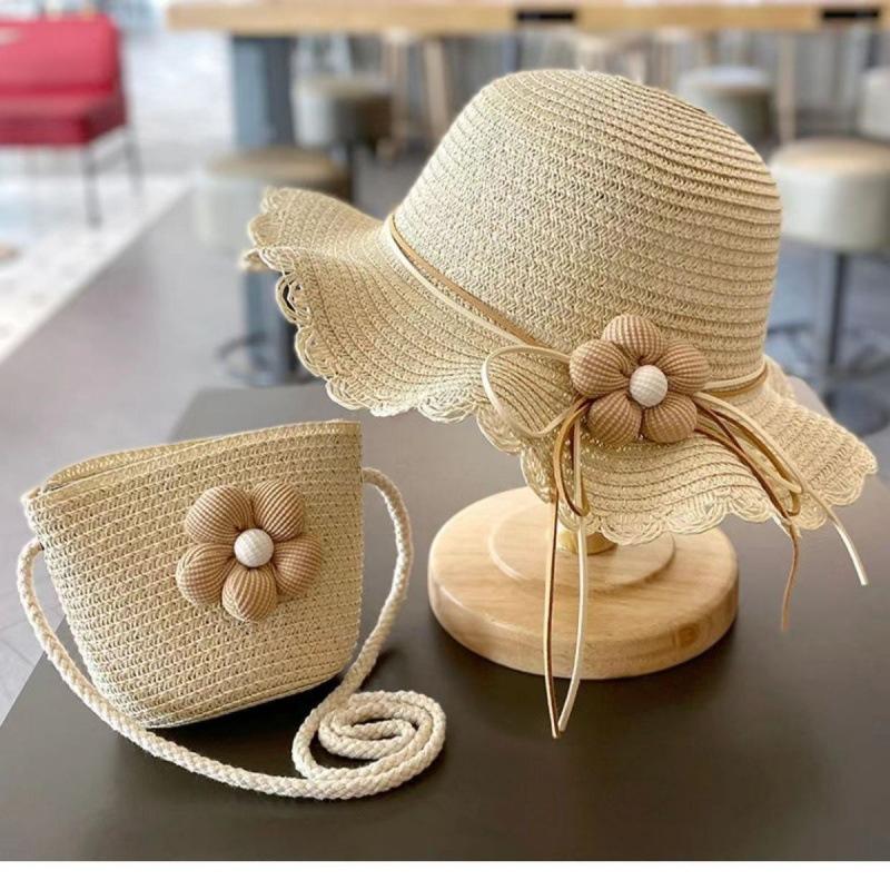 Summer Baby Flower Straw Hat With Handbag Bags 2pcs Set For Kids Little Girls Sun Cap Visor UV Protection Panama Hat Gorras