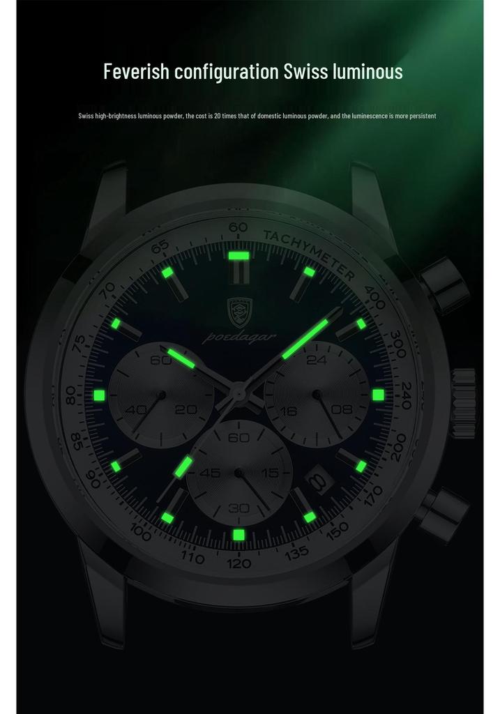 POEDAGAR Bai Da Qie Multifunctional Men's Sports Quartz Watch - Leather Strap, Stopwatch, Waterproof 921