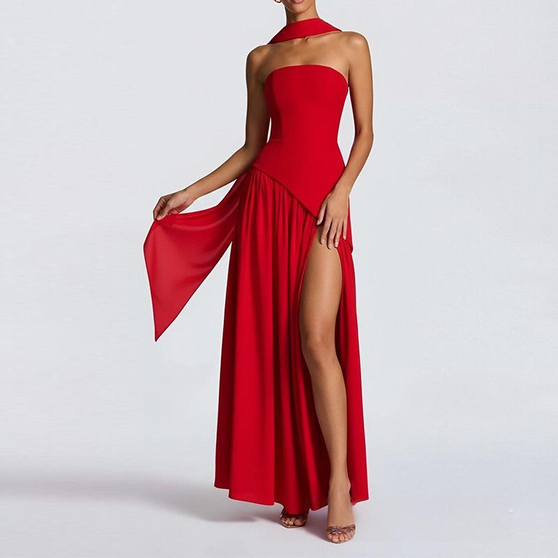 Sexy Trägertop-Kleid Für Damen Mode Sommer Einfarbige Rückenriemen Hoher Schlitz Taille Party-Schal Neue Kleider Für Damen