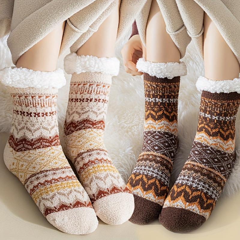 

2 пары толстых шерстяных носков, зимние, холодостойкие, теплые и сохраняющие тепло плюшевые носки, уличные носки, силиконовые противоскользящие носки для пола, этнический стиль