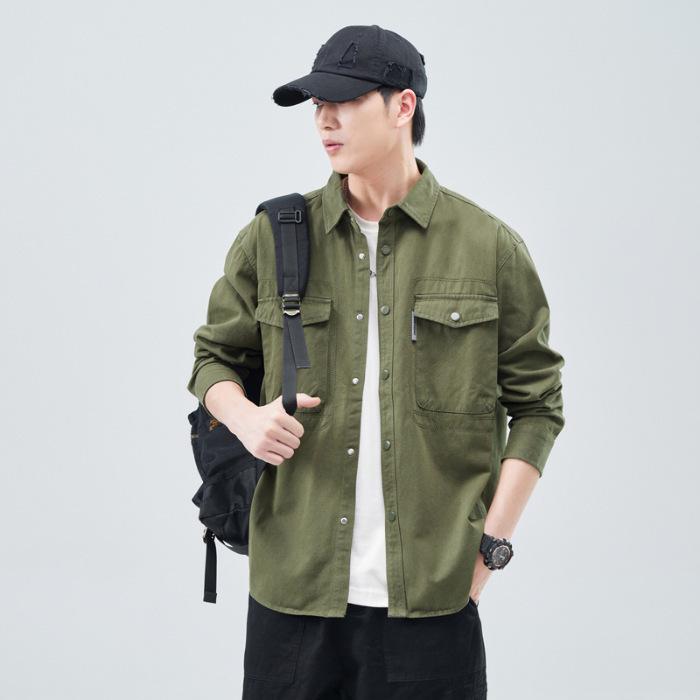 Heavy Washed Cotton Japanese Retro Trendy Brand Loose Casual Shirt Jacket Army Green Dark Gray Jujube