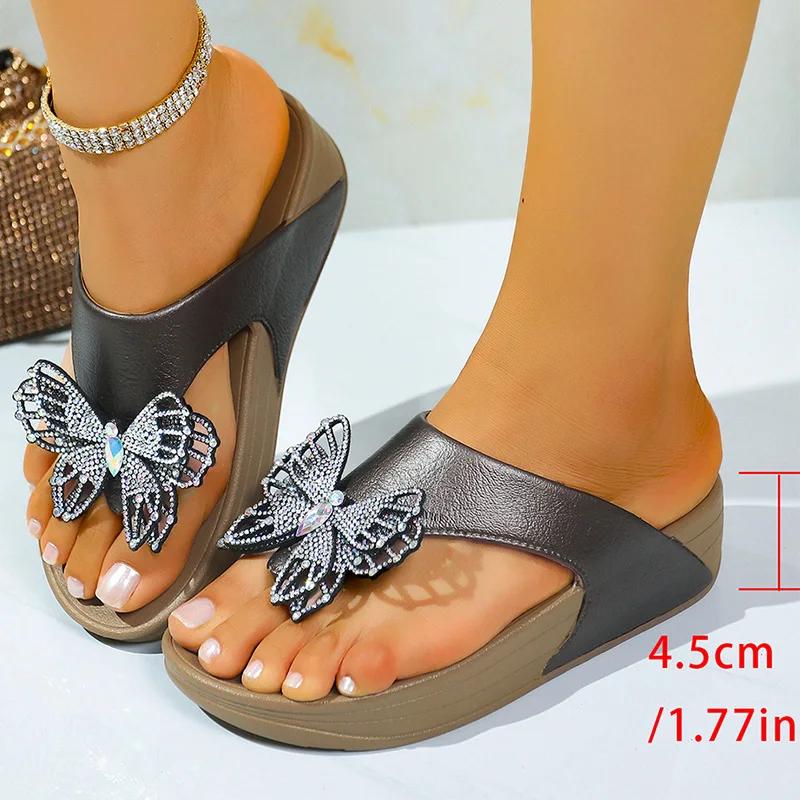 Butterfly Decor Flat Sandals for Women Shiny Crystal Clip Toe Chunky Platform Slippers 2025 Plus Size Thick Sole Non Slip Shoes