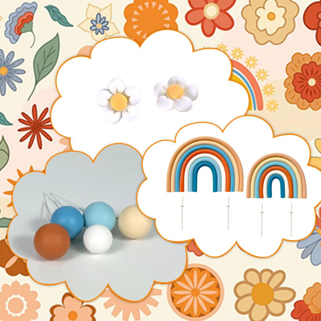 Rainbow Flowers Cake Toppers Boho Cake Decorations with Flower Rainbow Balls for Girl Birthday Party Hippie Boho Party Supplies