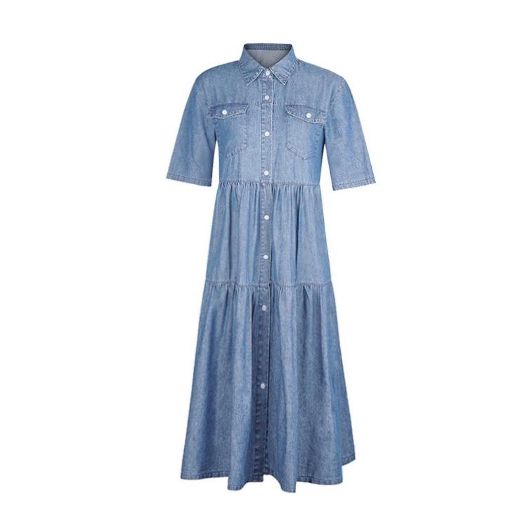 Retro Jeansowa Sukienka Maxi dla Kobiet Miękka Cienka Długa Sukienka z Guzikami Kieszeniami Krótki Rękaw Codzienna Vestidos Damska Jeansowa Sukienka