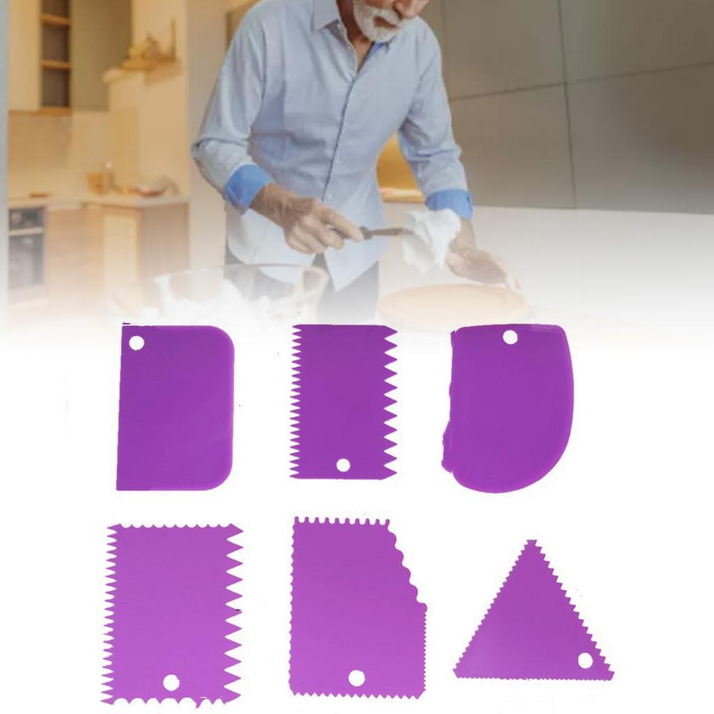 6PCS Cake Scraper Smoother Trapezoidal Semicircle Arc Triangular Sawtooth Cream Scraper Cake Making Tool Set Purple