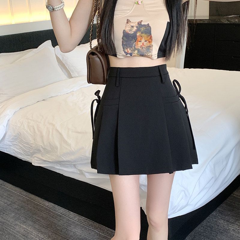Polyester Pleated Mini Skirt For Women With High Waist And Tie Detail For Casual Summer Wear