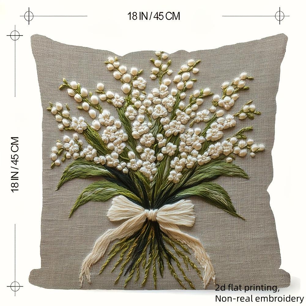 Capa de Almofada 2D Estampada Lisa de Lírio-do-Vale com Bordado Não Real, Capa de Almofada de Sofá, Decoração de Casa, Impressão 2D