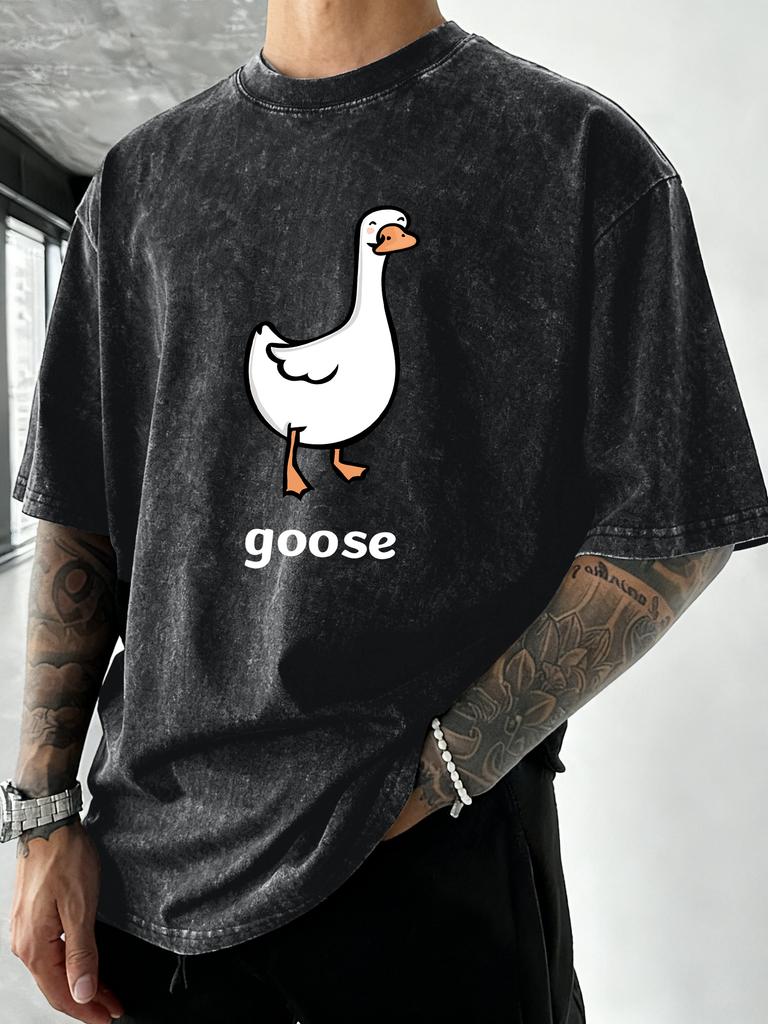 Goose Makes People Happy Print Men Washed TShirt Summer Casual T Shirts Vacation Soft Short Sleeves Loose Hip Hop Streetwear