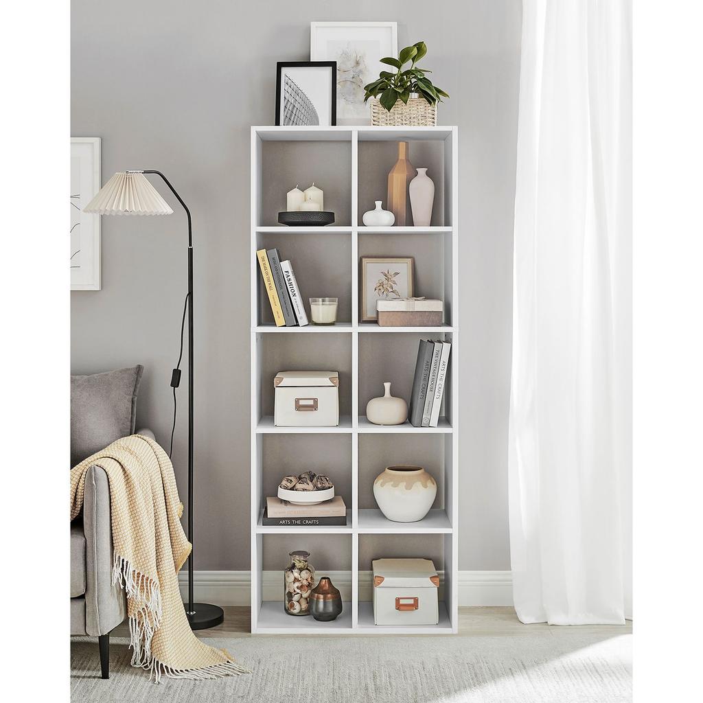 VASAGLE Scandinavian Style Bookcase 10 Compartments Standing Shelf Storage Rack for Living Room Office Bedroom Study Room Divider White