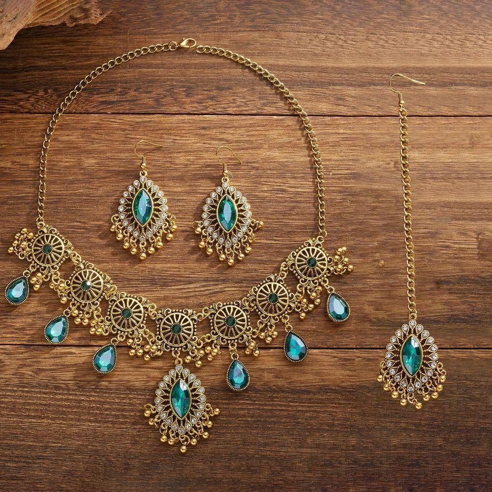 Rhinestone Inlaid Necklace Earrings Set Hollowed Out Forehead Ornament  Bridal
