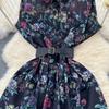 French Vintage Print Lapel Dress Women's Short Sleeve Floral Print High Waist Belt Office Lady Maxi Clothing Female