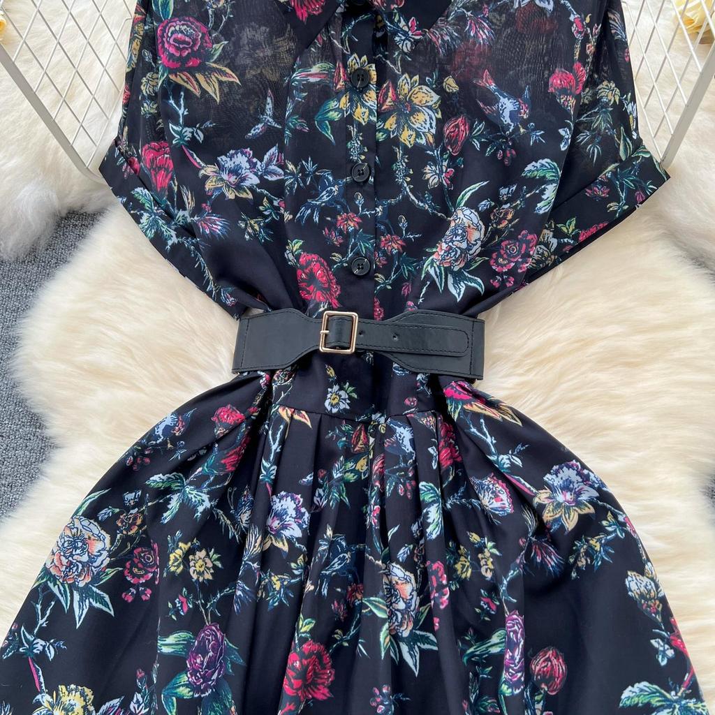 French Vintage Print Lapel Dress Women's Short Sleeve Floral Print High Waist Belt Office Lady Maxi Clothing Female