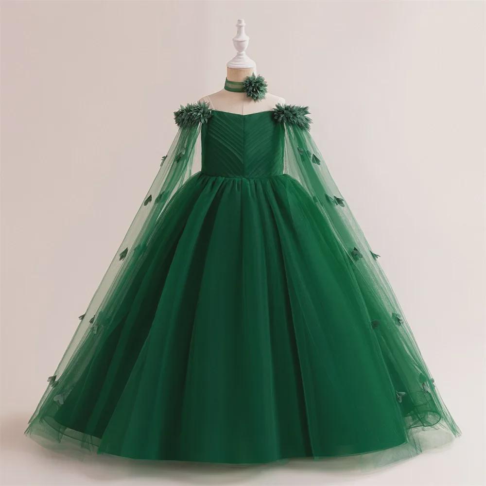 Off-Shoulder Princess Dress with Long Cape for European & American Girls - Fluffy Yarn Catwalk Costume