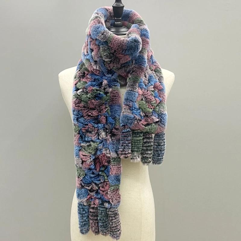 Natural Fur Scarf Fluffy Long Shawl Genuine Rex Rabbit Fur Hand Knitted Stylish Women Scarves In Winter Shawls 180cmx13cm