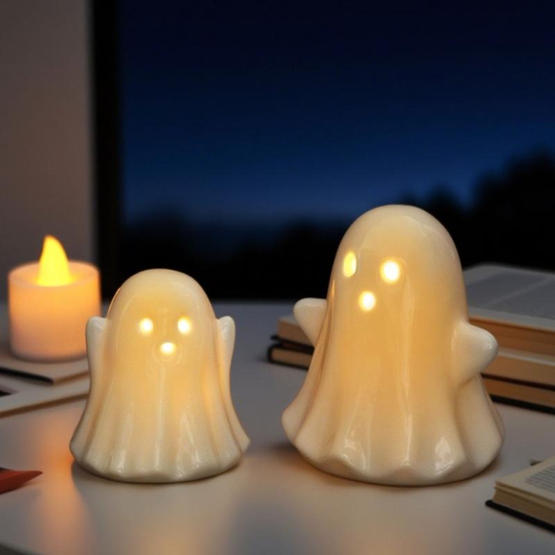 2Pcs Halloween Ceramic Ghostly Figurines With Soft Glows Night Light Handcrafted Holiday Decoration for Bedroom Party Decoration Collectibles