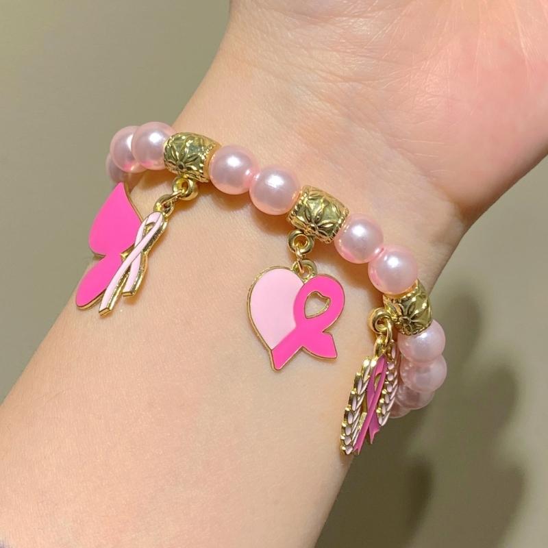 Symbolic Beaded Bracelet For Breast Cancers Awareness Adjustable Design Wristchain Ribbon Wheat Pendant Jewelry