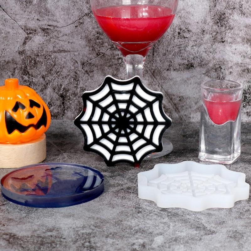 Diy Homemade Mold Coffee Coaster Cobweb Skull Graveyard for Creative Silicone Mold Crystal Placemat Mold for Diy Craft