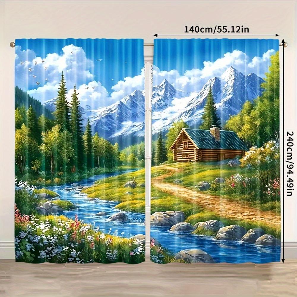 2pcs Blackout Curtains - Scenic Mountain Brook Landscape Print 100% Polyester, Rod Pocket Light Blocking Drapes for Bedroom Livi