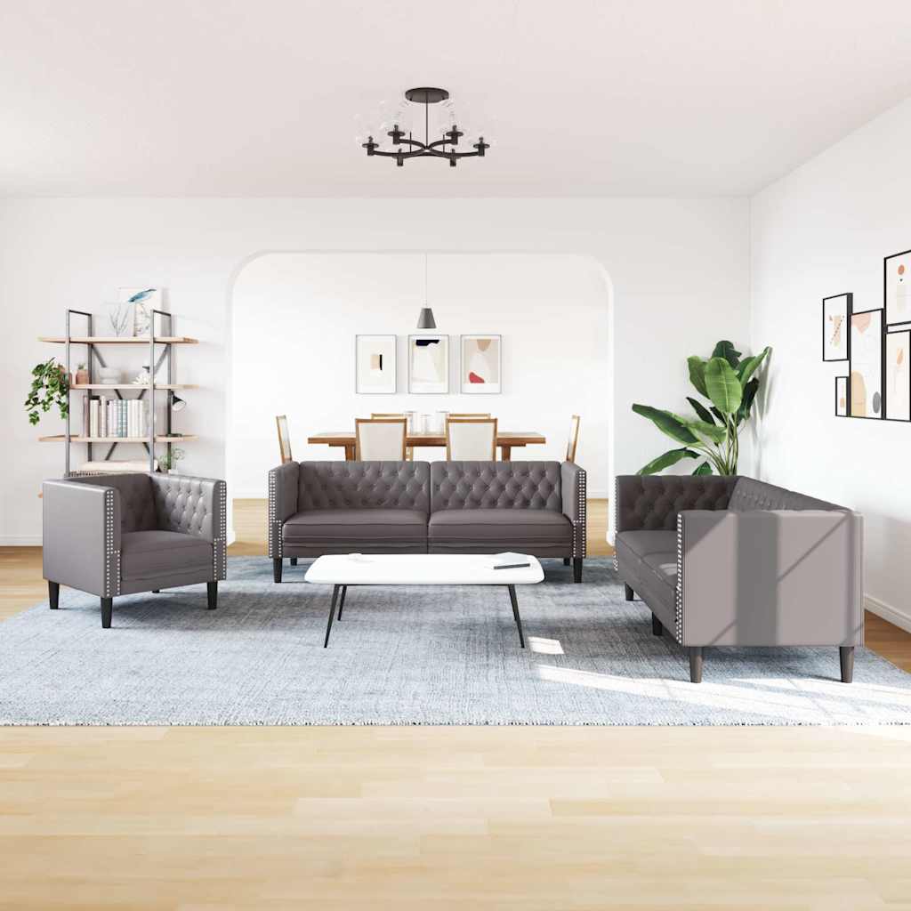 3 Piece Chesterfield Sofa Set Grey Faux Leather