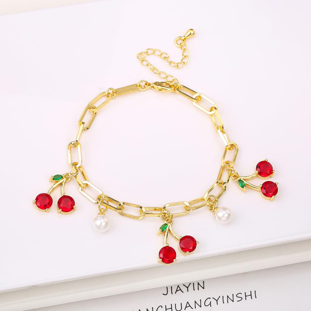 17 Colors Gold Plated Fruit Cherry Crystal Zirconia Adjustable Pearl Bracelet Luxury for Women Girls Casual Daily Party Jewelry