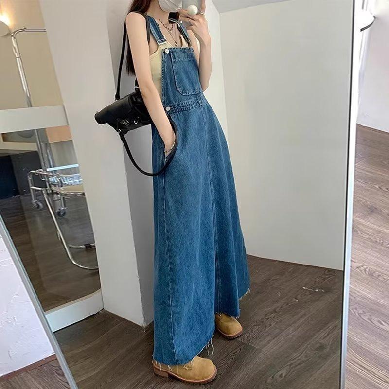 Age Reduction and Thin Strap Skirt Denim Dress Women's Spring and Summer New Loose Tall Long Dress Blue Skirt