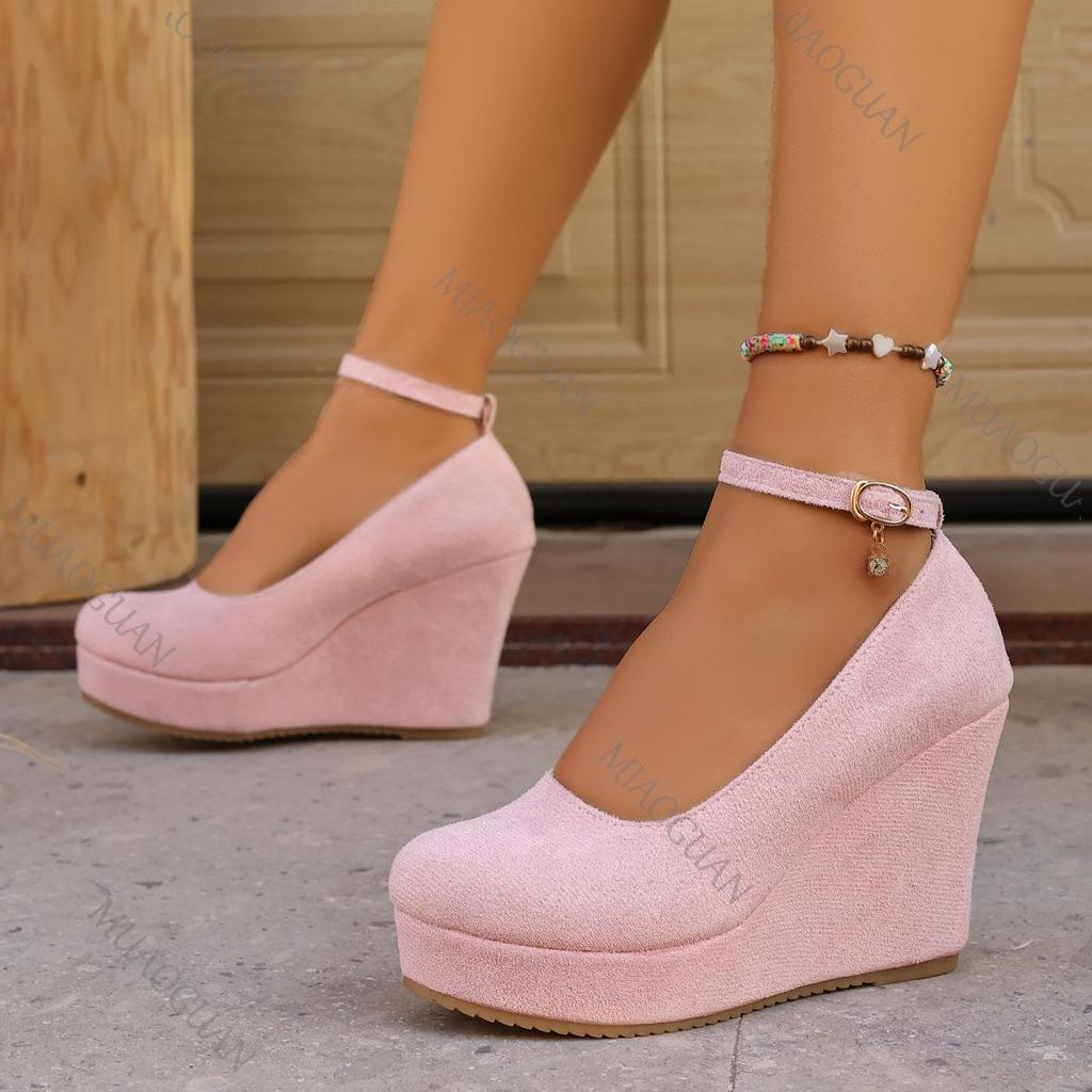 Spring Autumn New Wedge Heels Pumps Fashion Round Toe Platform Suede Casual Women Shoes 10cm High Heels Solid Single