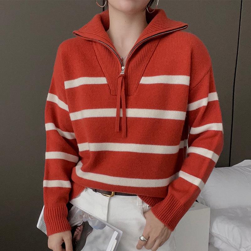 Korean Style Color Block Striped Cashmere Sweater with Half-Zip and Turn-Down Collar for Women