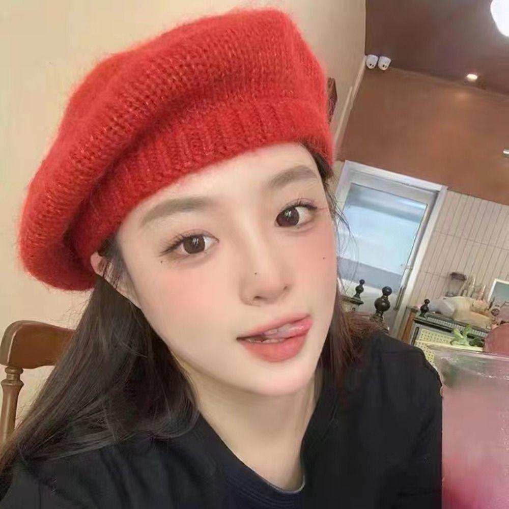 Solid Color Wool Painter Hat Fluffy Knitted Octagonal Cap Casual Knitted Beret Hat  Winter