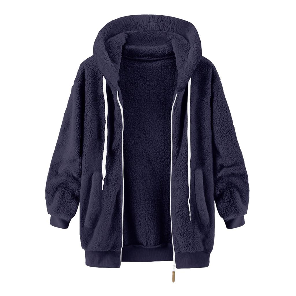Women's Fashion Stitching Loose Hoodies Long Sleeve Plush Zipper Coat