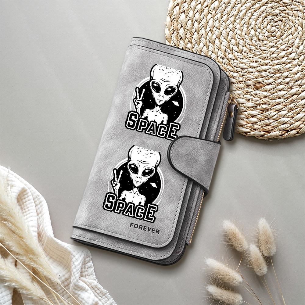 Gray Alien Print Large Capacity Casual Long Wallet for Daily Use