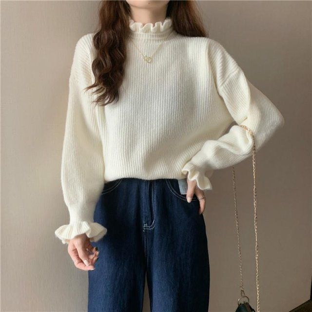 Women's French Style Ruffled Turtleneck Base Layer Autumn Winter Long Sleeve Knitted Top