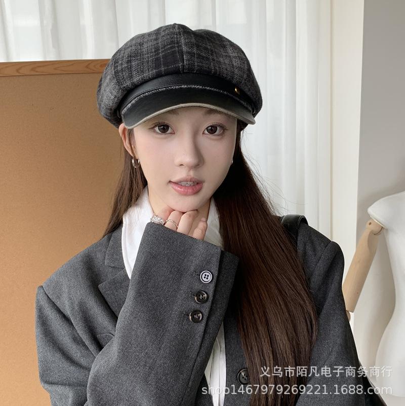 British Retro Literary and Artistic Plaid Newsboy Hat Women's Autumn and Winter Casual Versatile Octagonal Hat Fashion Show Face Small Painter Hat