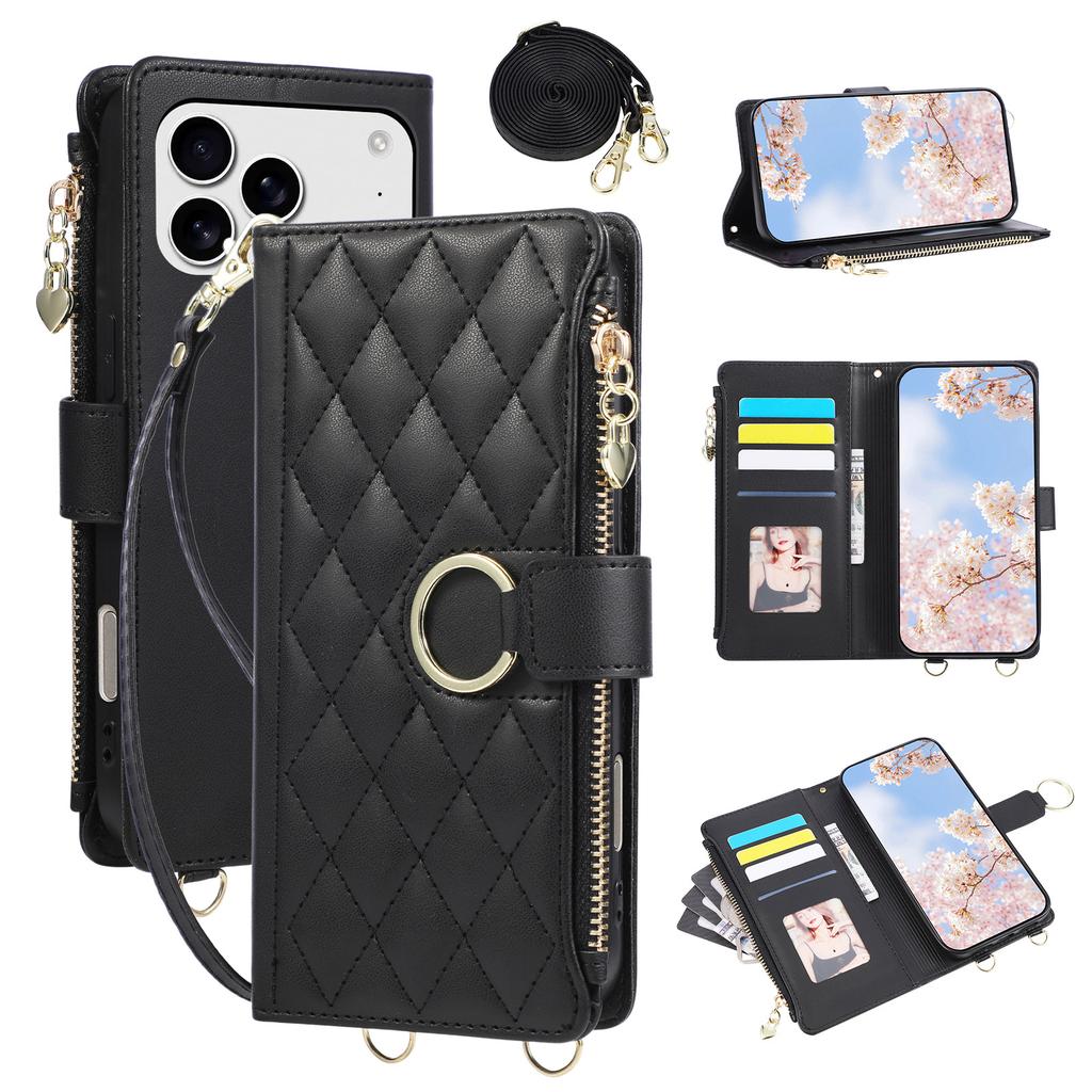 Applicable to iPhone17 leather case Samsung S26 Xiaoxiangfeng ring buckle zipper wallet insert card oblique span protective case A57