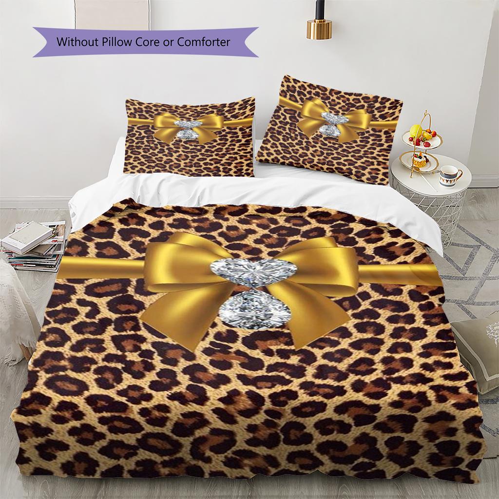 Leopard Bow Pattern Bedding Quilt Set Quilt Cover Pillowcase Home Decoration Gift (1 * duvet cover + 2 * pillowcase, without core)