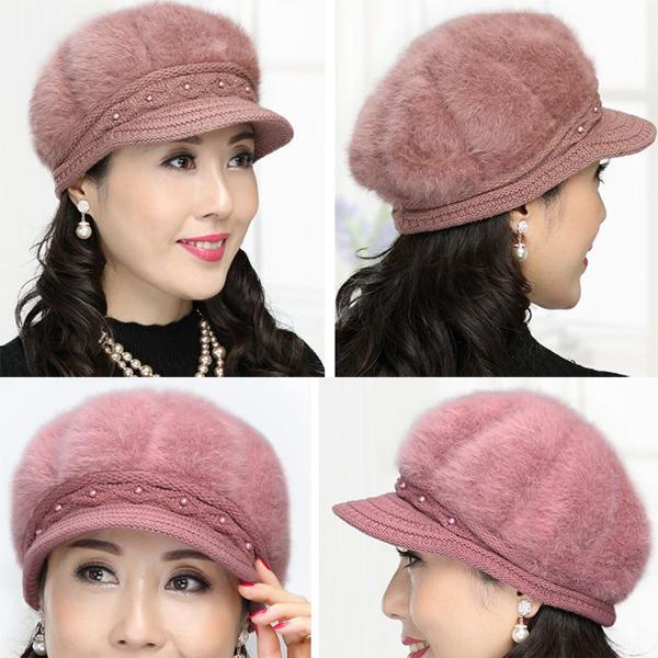 WTEMPO Winter Rabbit Hair Blend Hats Women Winter Large Caps with Pearls Solid Color Warm Plush Thick Knitted Hats