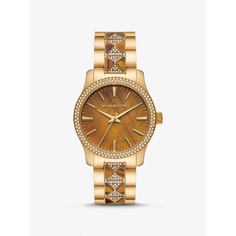 

Часы Michael Kors Runway с паве, золотистого тона и тигровым глазом MK7389 золотой