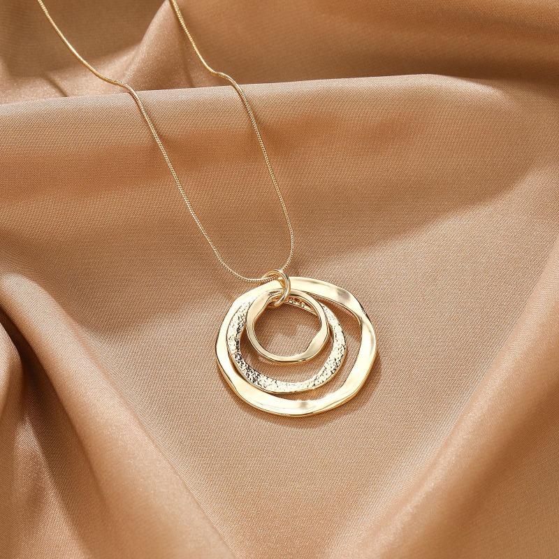Women Silver Tone Multi Layer Circle Pendant Snake Chain Necklace