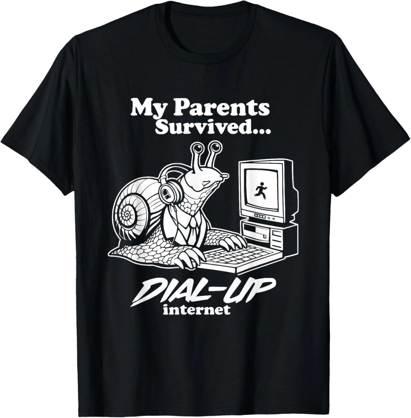 Retro My Parents Survived DIAL UP Internet Father s Day 100% Cotton T-shirt Mens Tees Top L
