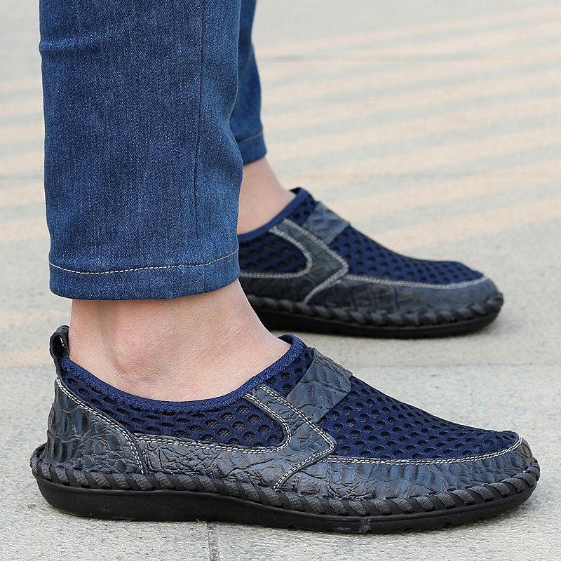 Sommar Herr ÄKTA Lädersandaler Andningsbara Lädskor Medelålders Herrskor Bekväma Slip-on Meshsko