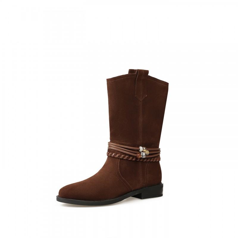 3cm Fashion Cow Suede Western Boots Women Round Toe Block Heel Slip On Ankle Fall Winter